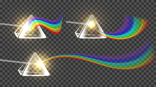 Prism And Spectrum Rainbow Collection Set Vector. Dispersion Of Visible Light Going Through Glass Prism On Temporary Background. Optical Effect Educational Realistic 3d Illustration