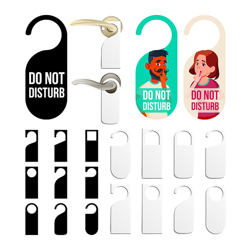 Do Not Disturb Door Knob Hanging Signs Set Vector. Black And White Blank Collection Flyer And Character Man And Woman Depicted On Colorful Label With No Disturb Request. Flat Cartoon Illustration