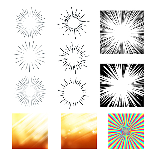 Collection Of Sunrays And Starburst Set Vector. Colorful, Black And White Different Exploding And Stripes Sunrays. Stylish Abstract Glittering Sunbeams Design Flat Cartoon Illustration