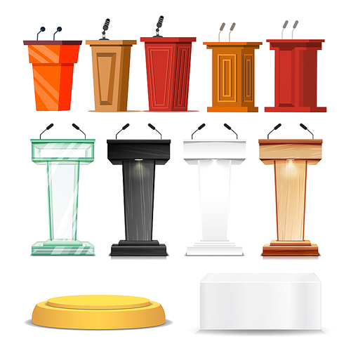 Different Debate Rostrum And Podium Set Vector. Collection Of Pedestal, Wooden Tribune And Glass Podium With Microphone For Conference University Or Classroom. Realistic 3d Illustration