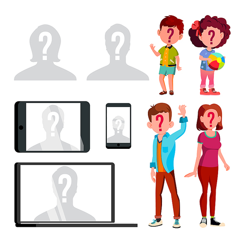 Anonymous Silhouette And Unknown Person Set Vector. Characters Children, Man And Woman With Question Mark On Face And Silhouette Of Human Head On Profile Avatar. Flat Cartoon Illustration