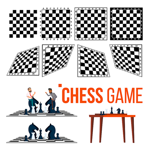 Chessboard And Character Game Player Set Vector. Chessboard In Different Side View And On Wooden Table, Man Play On Black Horse Chess Piece. Funny Boardgame Flat Cartoon Illustration