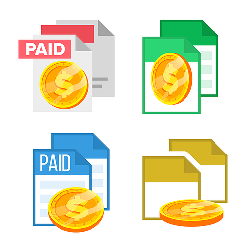 Paid Receipte Document File And Coin Set Vector. Collection Of Paid Invoice Icon Format And Piece Of Money With Dollar Emblem Different View. Claim Check And Currency Flat Illustration