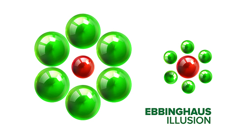 Optical Ebbinghaus Illusion With Balls Vector. Visual Illusion With Smaller Or Bigger Glossy Green And Red Shiny Spheres. Different Size Effect Of Titchener Circles Realistic 3d Illustration