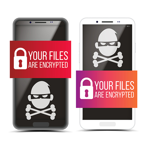 Cracking Smartphone With Pirate Malware Set Vector. Padlock And Text On Banner And Skull Of Death On Screen Display Of Mobile Device By Reason Of Malware. Virus Program Flat Cartoon Illustration
