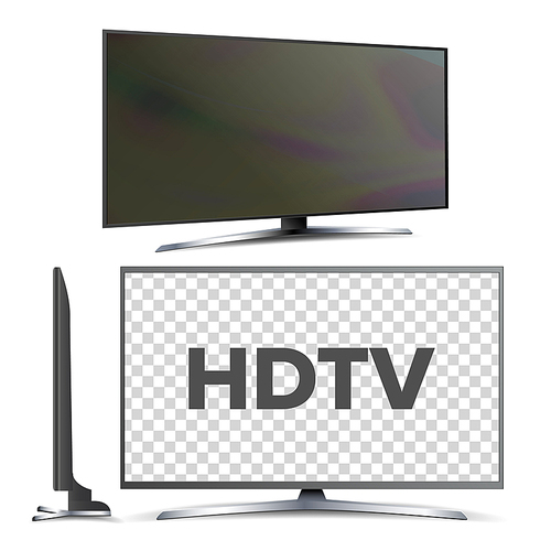 Modern Hdtv Lcd Led Screen Television Set Vector. Model of Hdtv with Large Blank Display Panel. Wall Plasma or Tv Monitor Electronic Digital Media Technology Realistic 3d Illustration