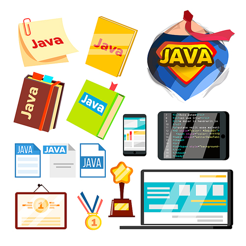 Collection Element Of Java Programming Set Vector. Sticker And Notebook, Smartphone, Laptop And Tablet, Certificate With Reward And Java Document File. Superman Body Isometric Cartoon Illustration
