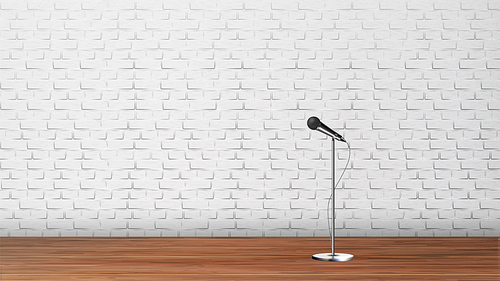 Platform For Stand Up Comedy Show Template Vector. Silver Metal Leg Microphone, Wooden Floor And White Brick Wall Interior Of Club Platform For Humor Performance. Realistic 3d Illustration