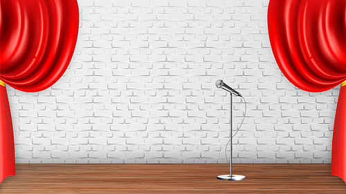 Design Platform Scene For Recital Spectacle Vector. Silver Metal Leg Microphone, Wooden Floor And Red Curtains Isolated On White Brick Wall Interior Of Theater Scene. Realistic 3d Illustration