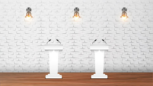 Interior Of Elections Debate Auditorium Vector. Modern Design Auditorium White Rostrums With Microphones On Wooden Floor And Lighting Sconces On Brick Wall. Realistic 3d Illustration