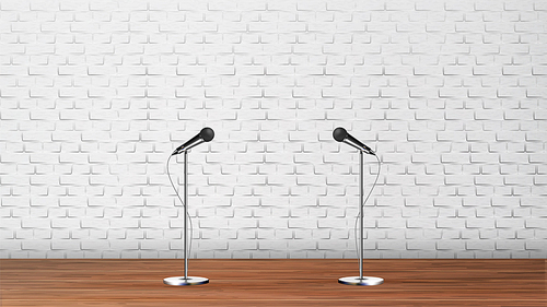 Design Interior Of Podium Karaoke Club Vector. Stand Classic Chrome Metal Microphones For Vocal Singing Karaoke On Wooden Scene And White Brick Wall Decoration. Realistic 3d Illustration