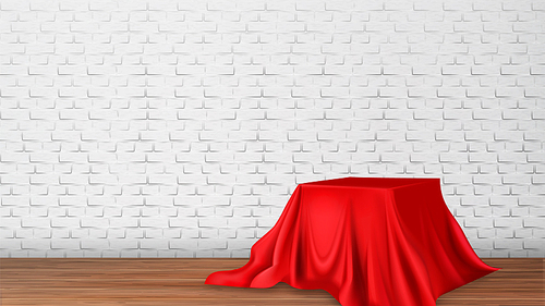 Design Restaurant Or Canteen Of Theater Vector. Canteen Decoration Table Covered With Red Tablecloth On Wooden Floor Stage And Brick Wall On Background. Intermission Time Realistic 3d Illustration