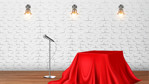 Studio Scene For Vocal Concert Or Tv Show Vector. Table Covered With Red Tablecloth, Classic Silver Microphone And Glowing Sconces On Brick Wall Elements For Scene. Realistic 3d Illustration