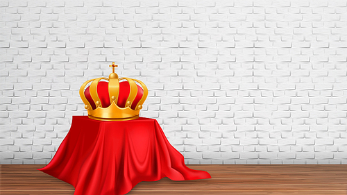 Monarch Golden Royal Crown on Modern Exhibition Studio Vector. Showroom Design with Table Covered Red Tablecloth, Wooden Floor Scene And Brick Wall On Background. Realistic 3d Illustration