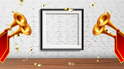 Enchanting Presentation In Exhibition Hall Vector. Golden Fanfare Trumpets With Red Flags, Foil Confetti And Picture Frame On Brick Wall Elements Of Presentation In Gallery. Realistic 3d Illustration