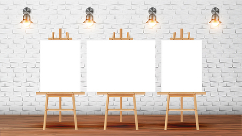 Classroom For Painter Course With Equipment Vector. Classroom For Creativity Lessons Decorated Blank Canvas Desks For Pictures On Tripod, Lighting Sconces On Brick Wall. Realistic 3d Illustration
