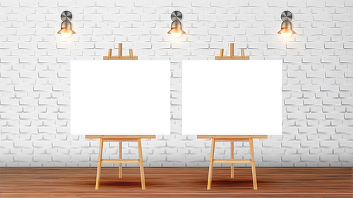 Canvas On Tripod For Collective Drawing Vector. Wooden Drawing Easel With Blank White Sheet, Glowing Sconces On Brick Wall Decoration Of Room For Art Courses. Realistic 3d Illustration