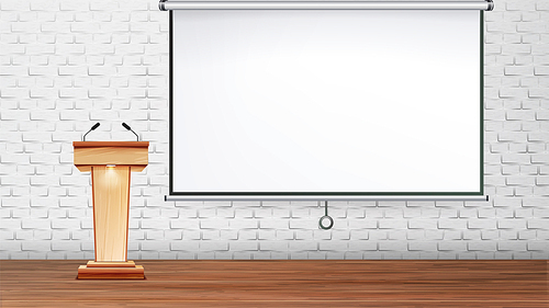 Design Presentation Or Conference Room Vector. Wooden Tribune With Microphones For Lecturer Speech For Conference And Projector Screen On Brick Wall Background. Realistic 3d Illustration