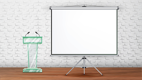 Business Meeting Seminar Room Template Vector. Modern Glass Stand Podium With Microphones For Seminar Lecturer And Projector Display Isolated On Brick Wall Background. Realistic 3d Illustration