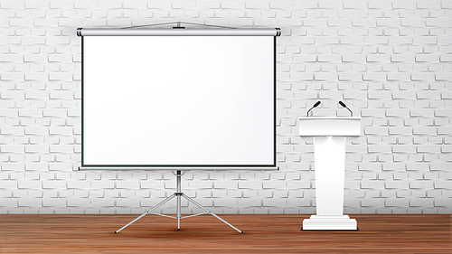 Interior Of Modern Boardroom For Lecture Vector. White Tribune With Microphones, Projection Screen On Tripod And Brick Wall On Background Of Conference Room Interior. Realistic 3d Illustration