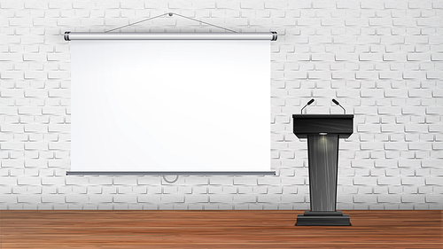 Interior University Or School Lecture Room Vector. Black Tribune With Microphones For Teacher Or Business Trainer On Wooden Floor And Projection Board On Brick Wall In Room. Realistic 3d Illustration