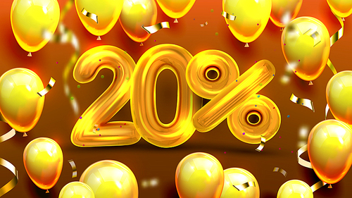 Twenty Percent Or 20 Marketing Offer Vector. Business Sale Offer Banner, Promotion Template Voucher For Store With Golden Helium Balloons And Confetti. Unique Selling Realistic 3d Illustration