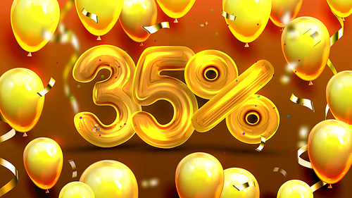 Thirty Five Percent Or 35 Marketing Offer Vector. Business Marketing Poster, Promotion Store Special Discount Of Sale With Golden Balloons And Confetti Decoration. Realistic 3d Illustration