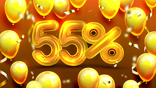 Fifty Five Percent Or 55 Marketing Offer Vector. Business Discount Campaign Banner, Shop Marketing Sale Off On Mother Day, Balloons And Confetti. Unique Offering Realistic 3d Illustration