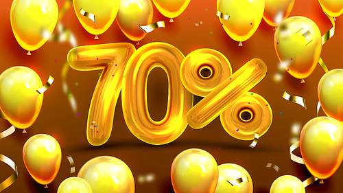 Seventy Percent Or 70 Marketing Offer Vector. Commercial Marketing Banner, Promotion Store Season Decrease Rates With Golden Balloons And Confetti Fashion Decoration. Realistic 3d Illustration