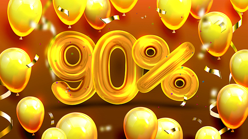 Ninety Percent Or 90 Benefit Offer Sale Vector. Discount Bonus Poster, Benefit Rate Promotion Of Black Friday Decorate Yellow Air Balloons And Confetti. Realistic 3d Illustration