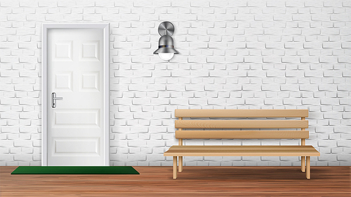 Stylish Exterior Of Country Cottage Terrace Vector. Terrace Decorated Mat On Wooden Floor And Bench, Lamp On White Brick Wall And Entrance Door. Recreation Outdoor Zone Realistic 3d Illustration