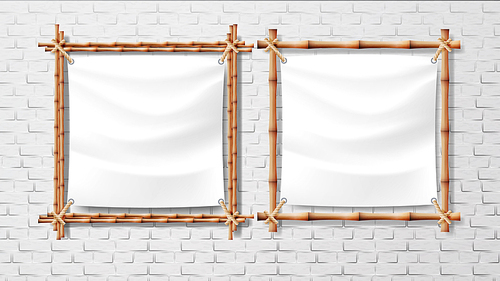 Blank White Canvas In Bamboo Frames Set Vector. Picture Or Photo Square Frames Isolated On Brick Wall Background. Design Exotic Decoration For Room Or Studio Interior Realistic 3d Illustration