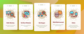 Data Analysis, Web Storage Onboarding Mobile App Page Screen Vector Icons Set. Data Science Thin. Server, Database, Cloud Computing. Diagrams, Statistics, Schemes. Information Analytics Illustrations