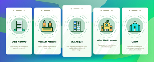 City, Town Buildings Vector Onboarding Mobile App Page Screen. High Rise, Multi Storey Buildings, Skyscraper Facades. Office Centers, Apartment Houses, Malls Outline Isolated