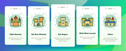 Castle, Medieval Buildings Vector Onboarding Mobile App Page Screen. Castle, Palace Facade. Exterior Simple. Isolated Fortress Signs. Royal Mansion And Towers Illustrations