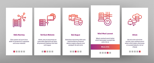 Data Center, Technology Onboarding Mobile App Page Screen Vector Icons Set. Data Analytics, Remote Access. Cloud Computing, Networking. Hosting Business Illustrations