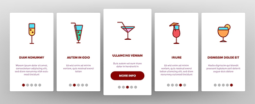 Cocktails, Alcohol and Soft Drinks Onboarding Mobile App Page Screen. Alcoholic Beverages. Shots Collection. Various Cocktail Liquors. Bar Beverages Vector Illustrations