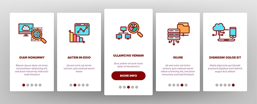 Data Analysis, Web Storage Onboarding Mobile App Page Screen Vector Icons Set. Data Science Thin. Server, Database, Cloud Computing. Diagrams, Statistics, Schemes. Information Analytics Illustrations