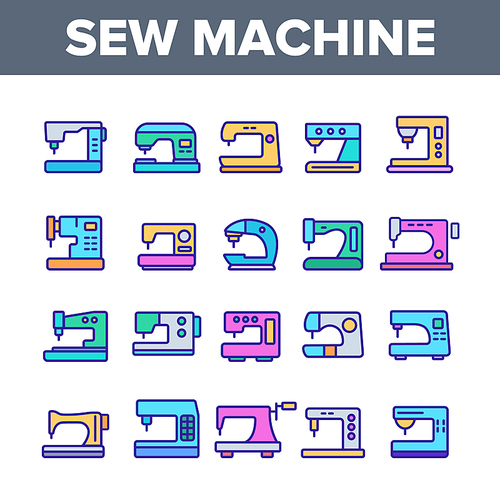 Sewing Machines, Tailor Equipment Vector Linear Icons Set. Sewing, Stitching Modern And Vintage Machines Outline Symbols Pack. Dressmaker Workshop, Clothing Industry Isolated Contour Illustrations