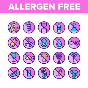 allergen free food vector linear icons set. no allergen labelling,  and organic products outline symbols pack. ingredients without gmo, seafood, peanuts, alcohol isolated contour illustrations