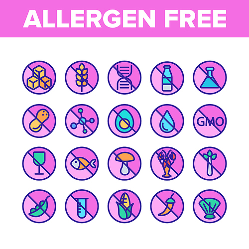 allergen free food vector linear icons set. no allergen labelling,  and organic products outline symbols pack. ingredients without gmo, seafood, peanuts, alcohol isolated contour illustrations