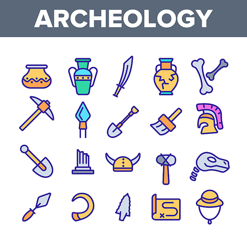 Archeological Tools And Excavations Vector Linear Icons Set. Archeology Science Outline Symbols Pack. Archeologist Equipment. Antique Greek Pottery, Historical Artifacts Isolated Contour Illustrations