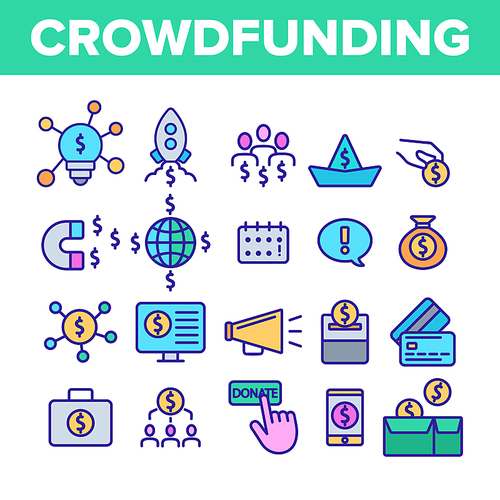 Crowdfunding, Collective Investment Vector Linear Icons Set. Crowd Funding, Startup Financing. Money Saving, Donation Outline Symbols Pack. Financial Support Isolated Contour Illustrations