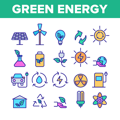 Green Energy Sources Vector Linear Icons Set. Alternative Eco Energy Outline Symbols Pack. Ecology And Environment Friendly Electric Power Isolated Contour Illustrations. Solar Panel, Windmill