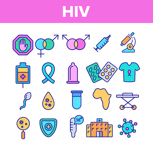HIV And AIDS Awareness Vector Linear Icons Set. HIV Symptoms Diagnostics Outline Symbols Pack. Human Immunodeficiency Virus Research, Treatment And Transmission Isolated Contour Illustrations