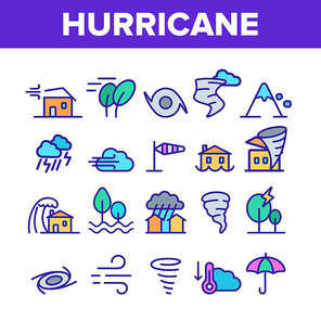 Hurricane Natural Disaster Vector Linear Icons Set. Hurricane, Wind And Tornado Outline Symbols Pack. Mountain Avalanche, Flood And Lightning Isolated Contour Illustrations. Severe Weather Condition