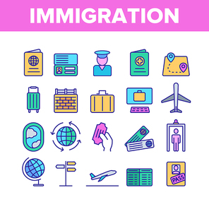 Immigration, Abroad Travel Vector Linear Icons Set. Immigration, Foreign Country Trip Outline Symbols Pack. International Airline, Travel Agency. Border Control Isolated Contour Illustrations