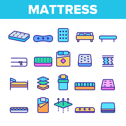 Mattress Types And Material Vector Linear Icons Set. Orthopedic And Antiallergic Comfortable Mattress Outline Symbols Pack. Bio And Organic Breathable Bedding Isolated Contour Illustration