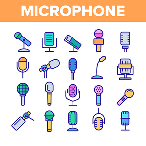 Modern And Vintage Microphone Vector Linear Icons Set. Professional Microphone Outline Symbols Pack. Music And Voice Recording, Sound Editing. Various Mics Isolated Contour Illustrations