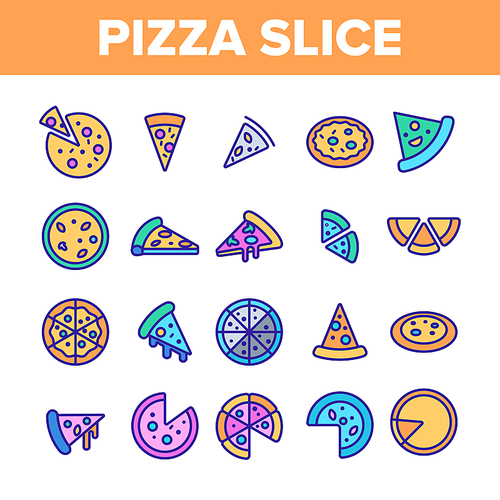 Pizza Triangle Slices Vector Linear Icons Set. Delicious Pizza Piece, Street Food Outline Symbols Pack. Restaurant Menu, Pizzeria Logo. Traditional Italian Dish, Fastfood Isolated Contour Illustration